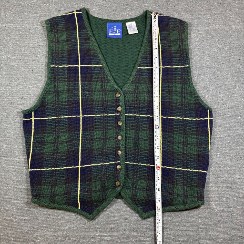 EP Pro Golf Sweater Vest Green Navy Plaid Cotton Knit Button Front Tie Back S - Picture 4 of 6